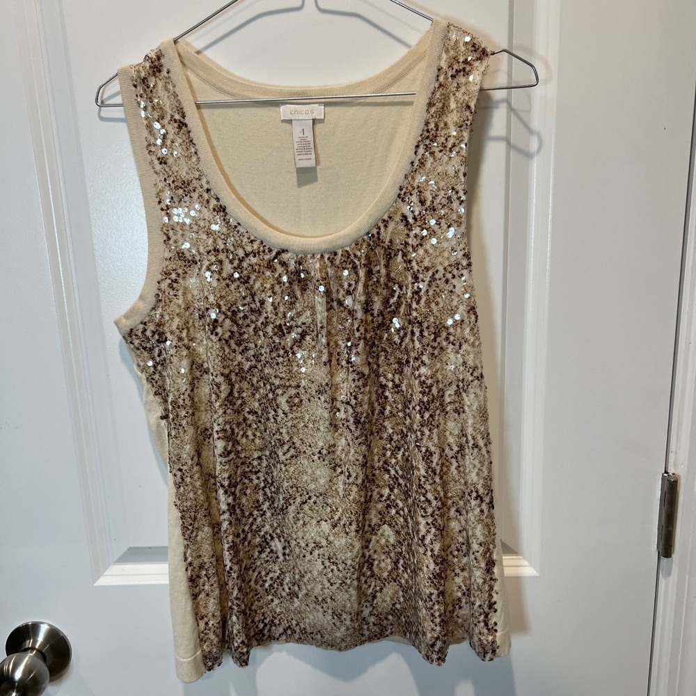 Chico's Women Tank Top Sequin Snake Print Cream Size 1